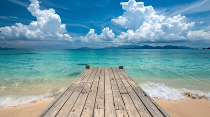 A wooden pier leading to a beach with blue water and white clouds, AI