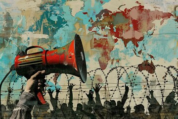 Illustration of a hand holding a megaphone with barbed wire on it, a crowd in the background