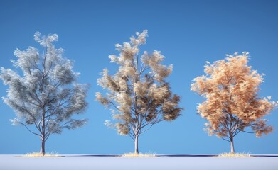 Natural and environmentally friendly concept illustration of many types of trees grows up from soil in different heights on a bright sky background. Generative AI.