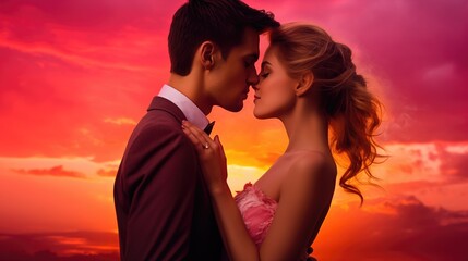 Wedding Couple in love kissing and holding hand together during sunset. Happy newlyweds