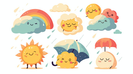 Cute weather characters set vector illustration. Ca