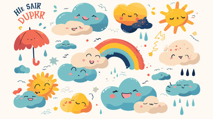Cute weather characters set vector illustration. Ca