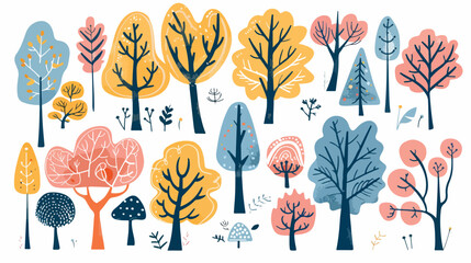 Childish forest trees in Scandinavian doodle style.
