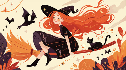 Cute witch flying on her broom. Vector Halloween il - obrazy, fototapety, plakaty