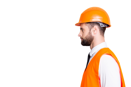 Profile portrait with copy space, empty place for advertisement of handsome calm man in hard hat uniform tie shirt isolated on grey background