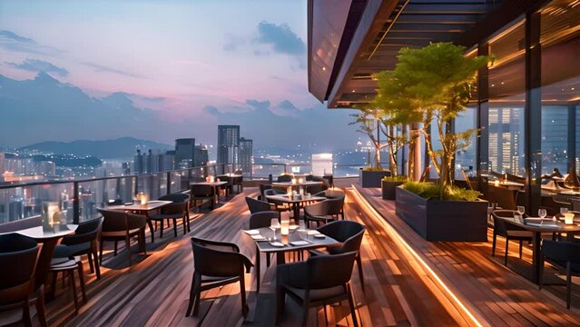 restaurant in the city, Rooftop dining with panoramic city views at dusk