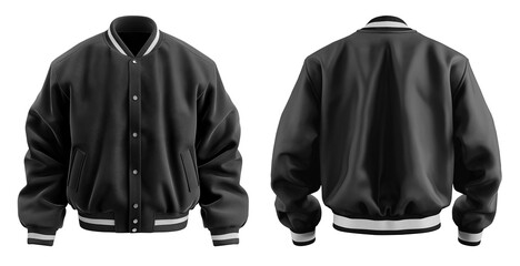  Set of black Oversized Baseball Bomber varsity jacket with ribbed strip elastic hem, front back side view on transparent background cutout, PNG file. Mockup template for artwork design.	
