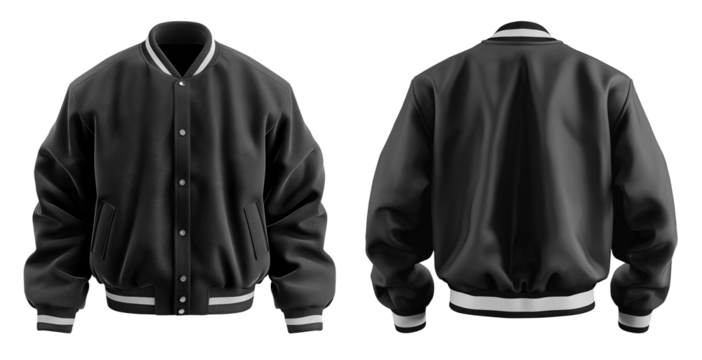  Set of black Oversized Baseball Bomber varsity jacket with ribbed strip elastic hem, front back side view on transparent background cutout, PNG file. Mockup template for artwork design.	
