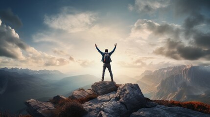 Silhouette of businessman celebrating on the top of mountain. Success concept.