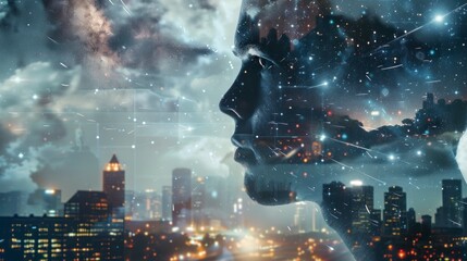 Obraz premium Double exposure photograph of a man with cityscape background and stars
