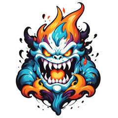 Skull with horns and fire flames isolated on transparent background