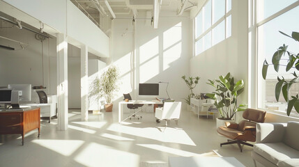 Bright, airy office space with minimalist furnishings and a pristine white frame, ready for creative endeavors.