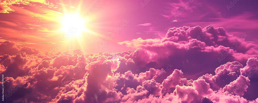 Wall mural hot summer or heat wave background, purple sky with clouds and glowing sun