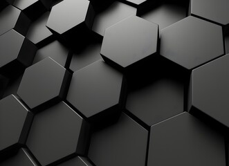 3d black background with hexagon pattern, high resolution, high quality, black color theme, depth...