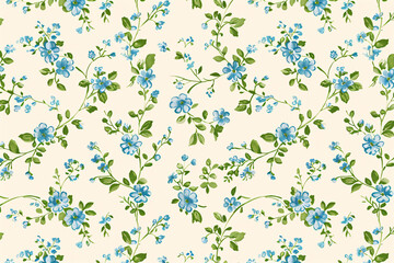 Vintage floral pattern with blue flowers and green leaves on beige