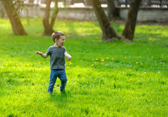 Happy three year old toddler boy having fun and running on green grass in the park on a sunny summer or spring day. Happy childhood concept. Active lifestyle