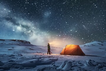 Winter camping under a starlit sky with a glowing tent and a person looking at the Milky Way