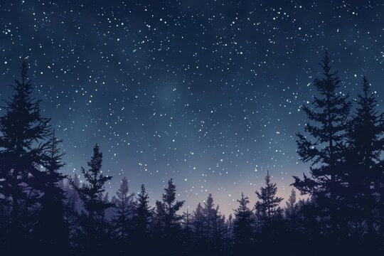 Enchanting starlit sky over dense pine forest at twilight, a serene night landscape