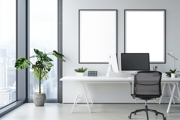 Bright, airy office setting with sleek design and a blank white frame, encouraging focus and productivity.