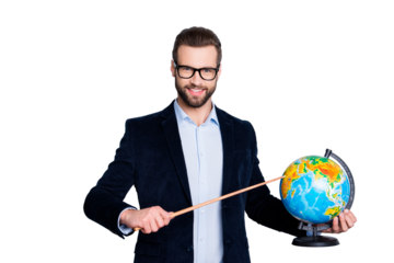 Portrait of positive cheerful teacher in shirt jacket with stubble indicate on round globe, earth in hands with pointer, looking at camera, isolated on grey background