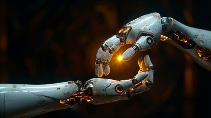 Advanced robots with artificial intelligence engaging in a futuristic handshake, demonstrating a connection and data exchange. - 791492965