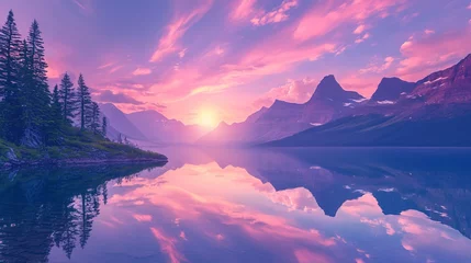 Deurstickers Beautiful colorful sunrise over St. Mary Lake and wild goose island in Glacier national park ,Generative ai,  © mangsi