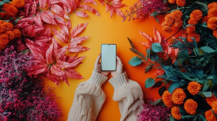 Close-up image of a woman's hand holding a smartphone amid a colourful array of flowers, showcasing beauty, technology, and nature. - 791493168