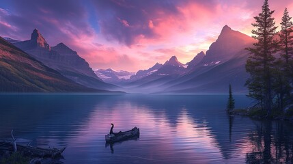 Beautiful colorful sunrise over St. Mary Lake and wild goose island in Glacier national park ,Generative ai, 