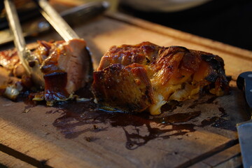 Roasted meat on wooden desk, grilled meat kebab