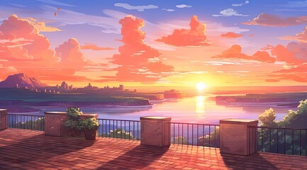 Tranquil sunset from an overlook with a vibrant sky and reflective waters - obrazy, fototapety, plakaty
