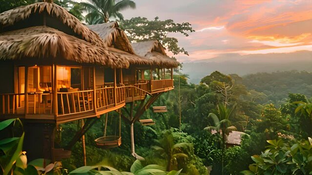 A secluded treehouse retreat amidst the lush forest during sunset.