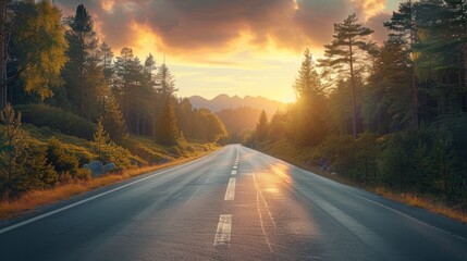 Judul: Sunset drive through a serene forest road leading to distant mountains