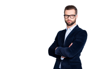 Portrait with copy space, empty place for advertisement of elegant half turned teacher with stubble having his arms crossed looking at camera isolated on grey background
