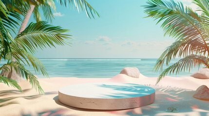 Fototapeta premium Tropical beach scene with palm trees, a pedestal, and a pair of flip-flops on sand.