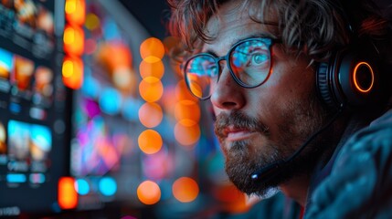 Young male student wearing headphones participates in an online course, his focus enhanced by the vivid, colorful light reflections around him.