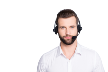 Portrait with copy space, empty place for advertisement of  harsh virile operator having headset with microphone on head looking at camera isolated on grey background