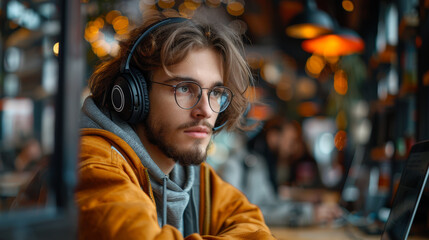 Young male student listens intently through headphones while studying on his laptop in a vibrant, busy cafe. He exhibits a focused and serious demeanor.