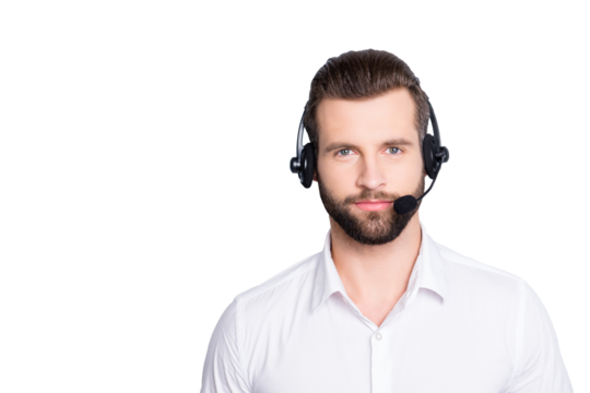 Portrait with copy space, empty place for advertisement of  harsh virile operator having headset with microphone on head looking at camera isolated on grey background