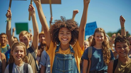 Diverse group of enthusiastic young protesters, holding placards and banners, actively participate in a global strike advocating for climate change solutions.