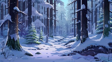 Serene forest under silent snowfall, with trees cloaked in winter’s peace