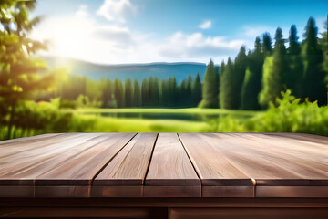 empty wooden surface for display or product showcase with blurry nature scene background