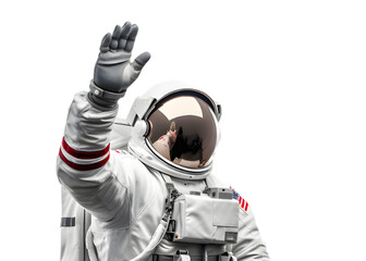 Astronaut in a spacesuit  waves his hand isolated on transparent background