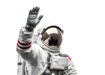 Astronaut in a spacesuit  waves his hand isolated on transparent background
