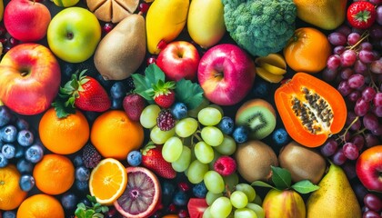 Top view of various colorful fresh fruits arranged on a table. This image showcases healthy foods