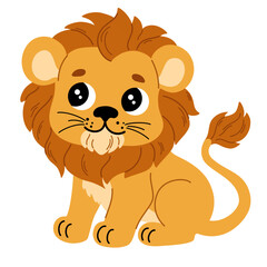 Cute cartoon lion. Childish vector illustration flat style. Sitting lion. For poster, greeting card, baby design.