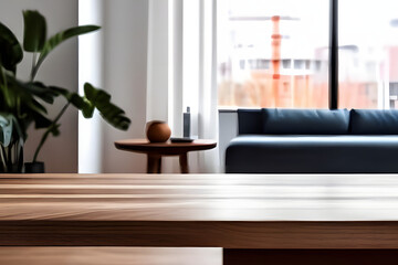 Fototapeta premium wooden table with blurred modern apartment interior