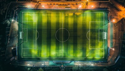 aerial top view of a football stadium arena illuminated by spotlights. This soccer sport background