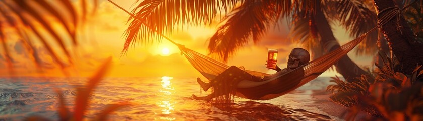 A skeleton lying in a hammock on a tropical beach, drinking a beer and watching the sunset. - obrazy, fototapety, plakaty