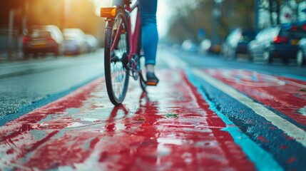 Woman on a bicycle navigates a colorful bike lane painted red, amidst the busy streets of a bustling city during the morning hours.