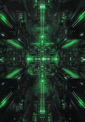 Fototapeta premium abstract digital background, cyberpunk style, green neon lights, geometric shapes, dark black and white color scheme